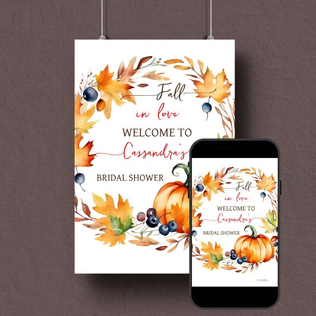 Fall in love pumpkin bridal shower welcome sign (Fall in love bridal shower welcome sign template instant digital download pumpkin leaves wreath)
