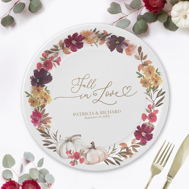 Fall in Love Pumpkin Burgundy Floral Wedding Paper Plate (Creator Uploaded)