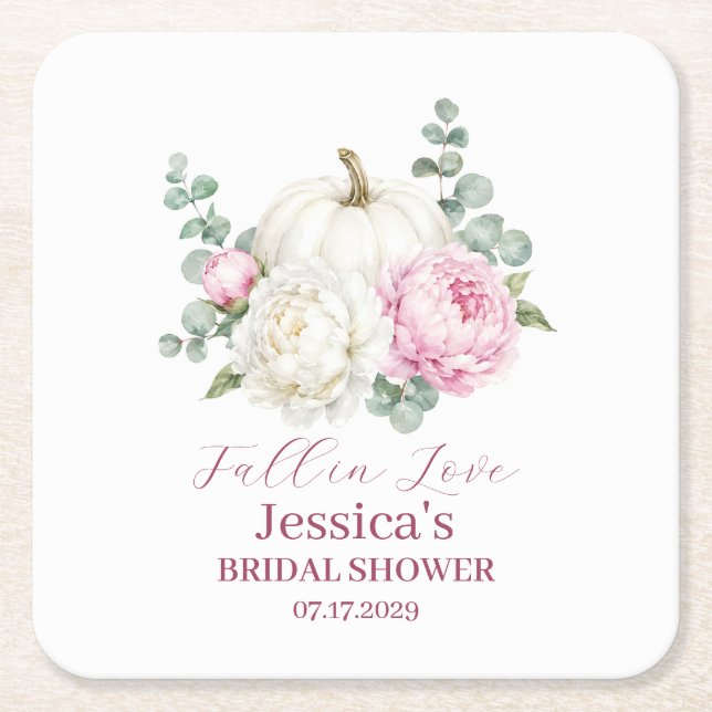Fall in Love Pumpkin Fall Peony Bridal Shower  Square Paper Coaster (Front)