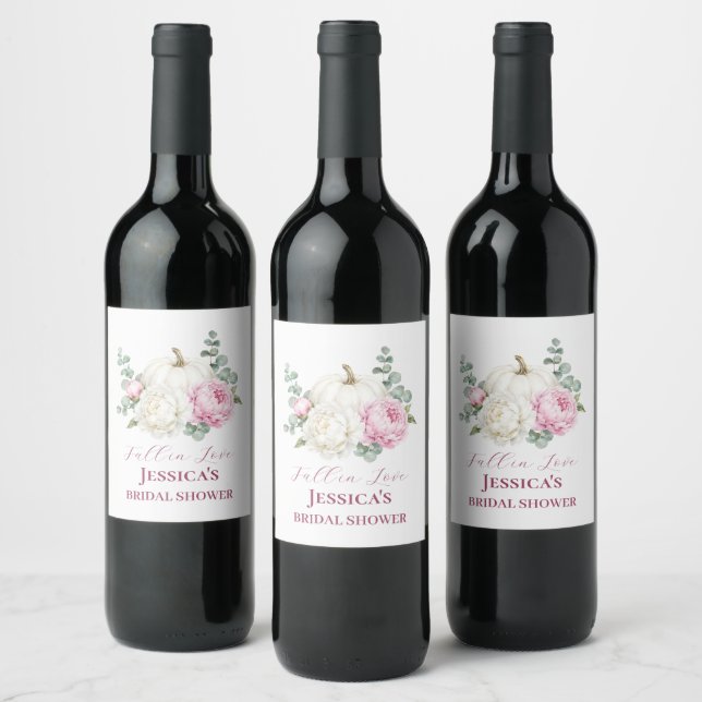 Fall in Love Pumpkin Fall Peony Bridal Shower  Wine Label (Bottles)