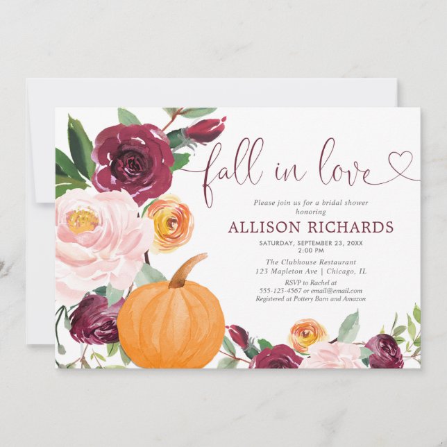 Fall in love pumpkin floral burgundy bridal shower invitation (Front)
