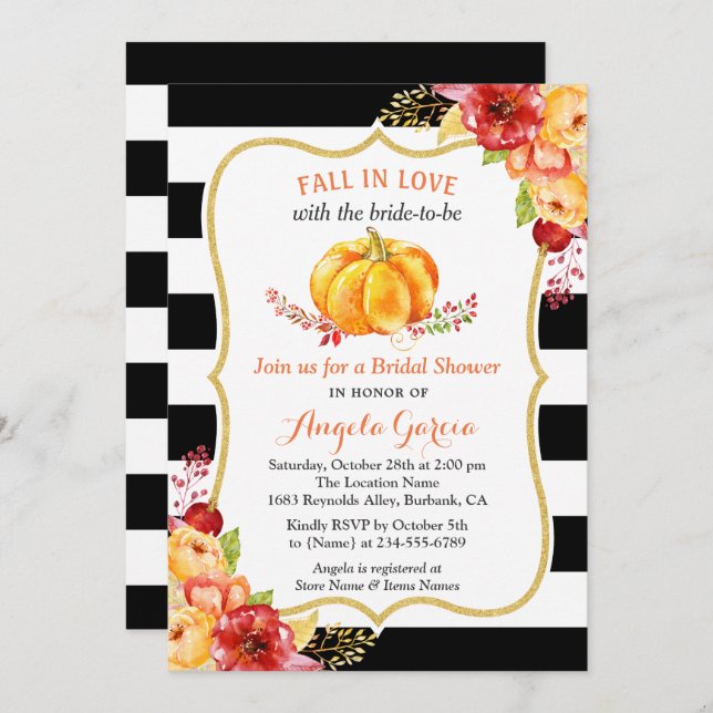 Fall in Love Pumpkin Floral Fall Bridal Shower Invitation (Front/Back)