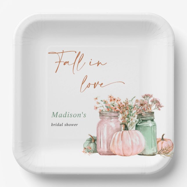 Fall In Love Pumpkin Floral Jars Bridal Shower Paper Plate (Front)