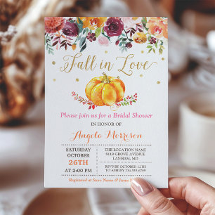 Fall in Love Pumpkin Gold Pink Bridal Shower Invitation