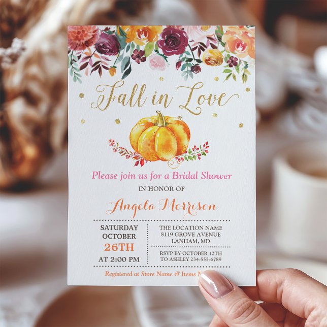 Fall in Love Pumpkin Gold Pink Bridal Shower Invitation (Creator Uploaded)