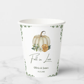 Fall in Love Pumpkin Greenery Sage Green Wedding Paper Cups