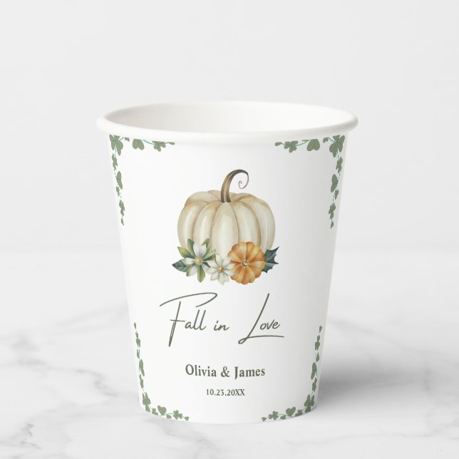 Fall in Love Pumpkin Greenery Sage Green Wedding  Paper Cups (Front)