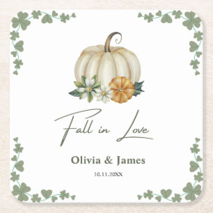Fall in Love Pumpkin Greenery Sage Green Wedding   Square Paper Coaster