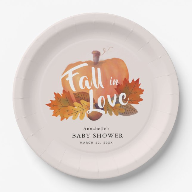 Fall in Love Pumpkin Leaves Pink Baby Shower Paper Plate (Front)