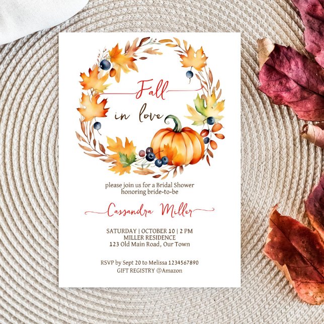 Fall in love pumpkin leaves wreath bridal shower invitation (Fall in love bridal shower template invitation digital download pumpkin maple leaves berries wreath)