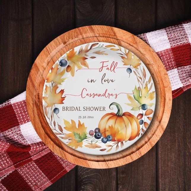 Fall in love pumpkin leaves wreath bridal shower paper plate (Fall in love autumn themed bridal shower tableware personalized plates pumpkin leaves berries wreath)