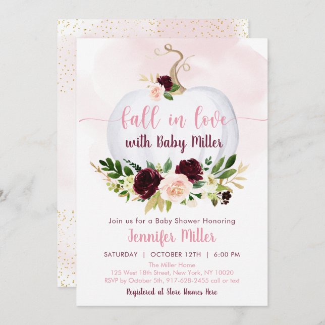 Fall In Love Pumpkin Pink Burgundy Baby Shower Invitation (Front/Back)