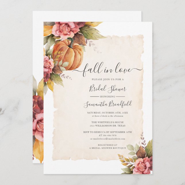 Fall in Love Pumpkin Pink Floral Bridal Shower Invitation (Front/Back)