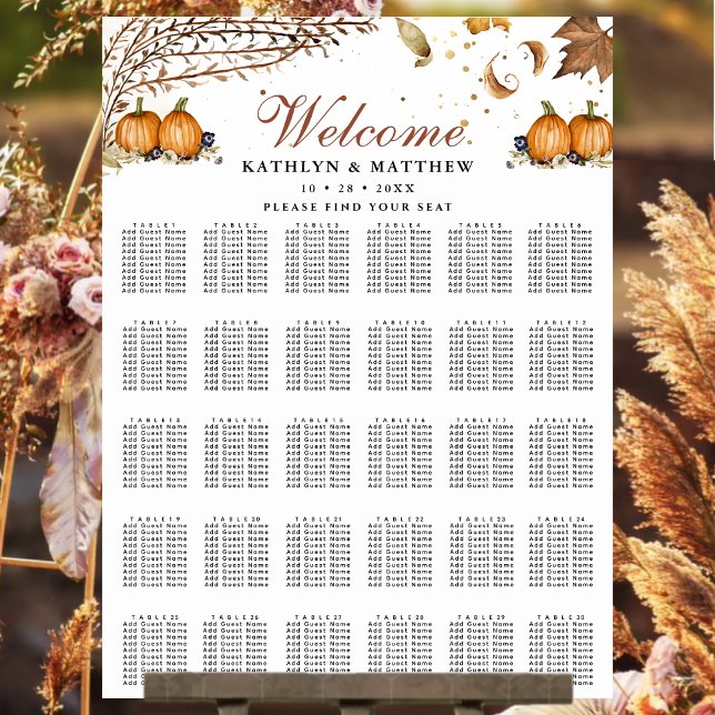 Fall in Love Pumpkin Rustic Fall Wedding 30 Table Poster (Creator Uploaded)