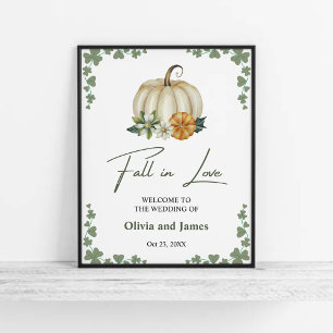 Fall in Love Pumpkin Sage Green Wedding Welcome Poster