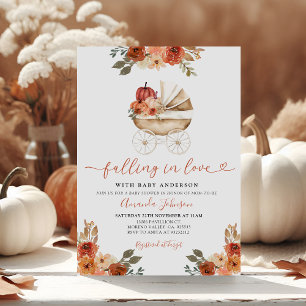 Fall In Love Pumpkin Stroller Floral Baby Shower Invitation