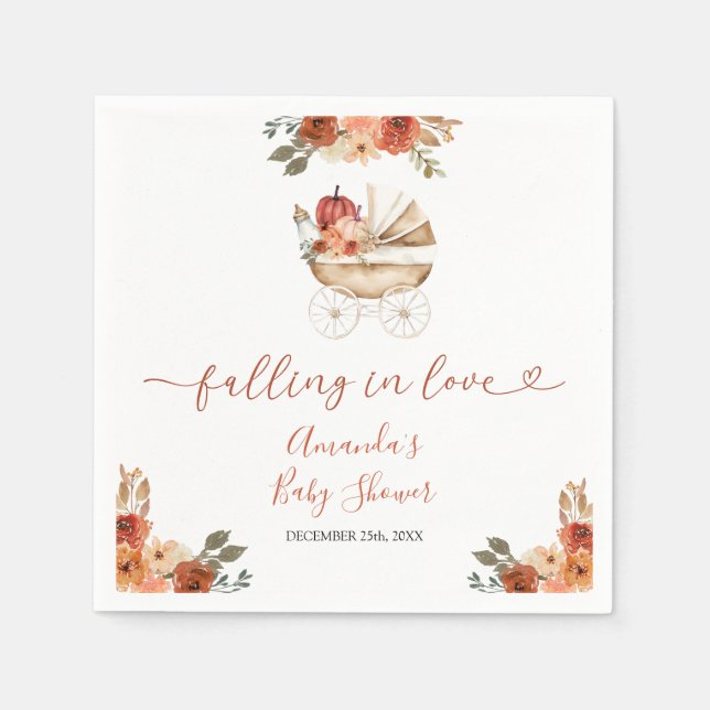 Fall In Love Pumpkin Stroller Floral Baby Shower Napkin (Front)