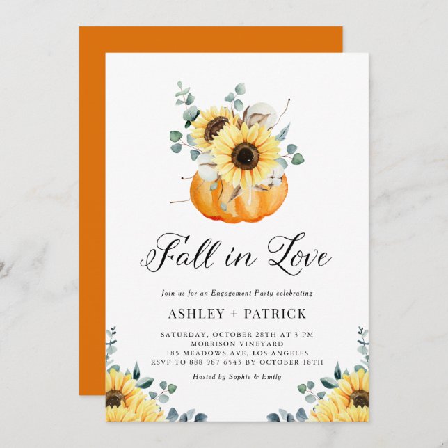 Fall In Love Pumpkin & Sunflower Engagement Party Invitation (Front/Back)