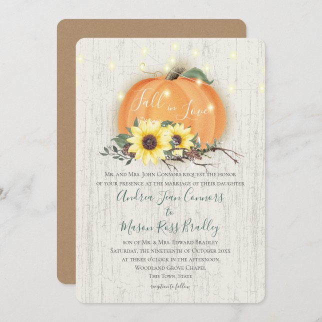 Fall in Love Pumpkin Sunflowers & Lights Wedding Invitation (Front/Back)