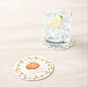 Fall in love pumpkin watercolor art wedding orange round paper coaster