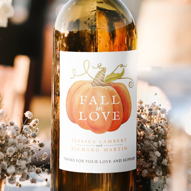 Fall in love pumpkin watercolor art wedding  wine label (Creator Uploaded)