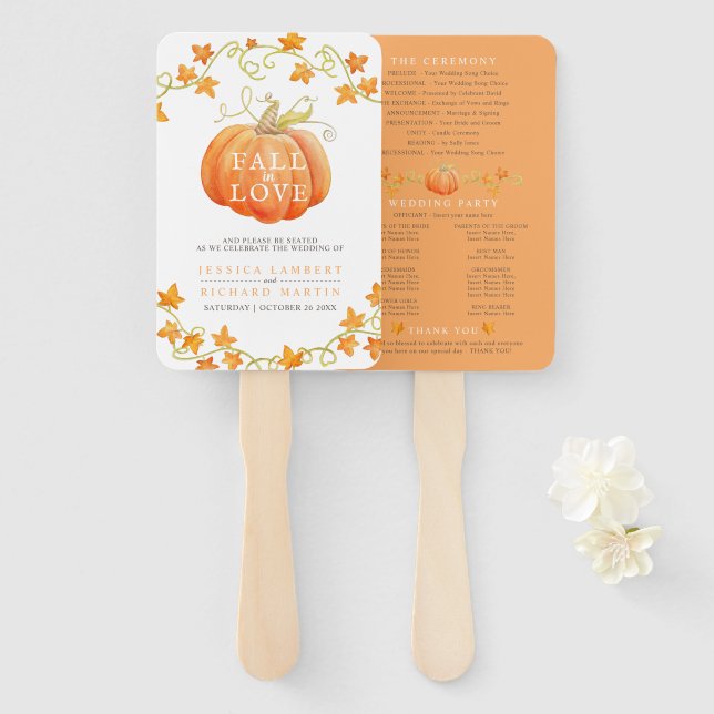 Fall in love pumpkin watercolor wedding program hand fan (Front and Back)