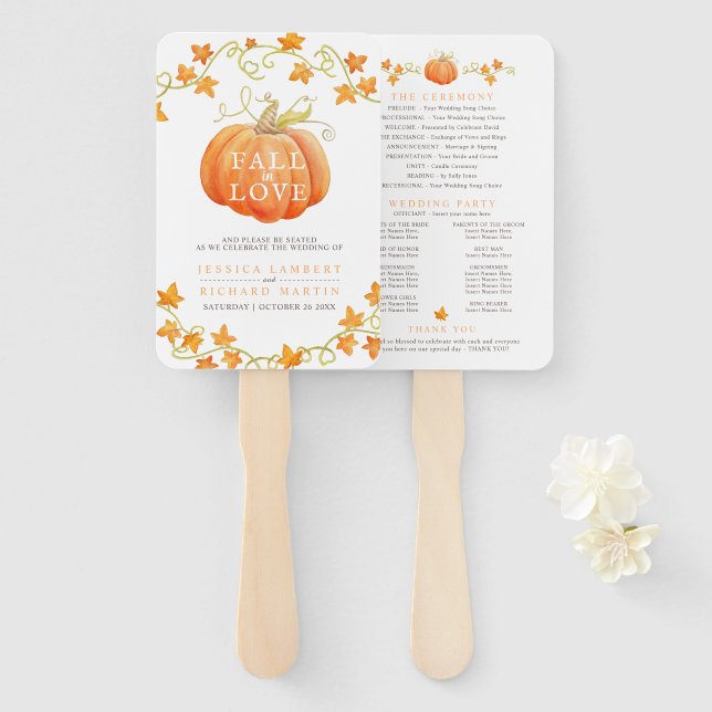 Fall in love pumpkin watercolor wedding program hand fan (Front and Back)
