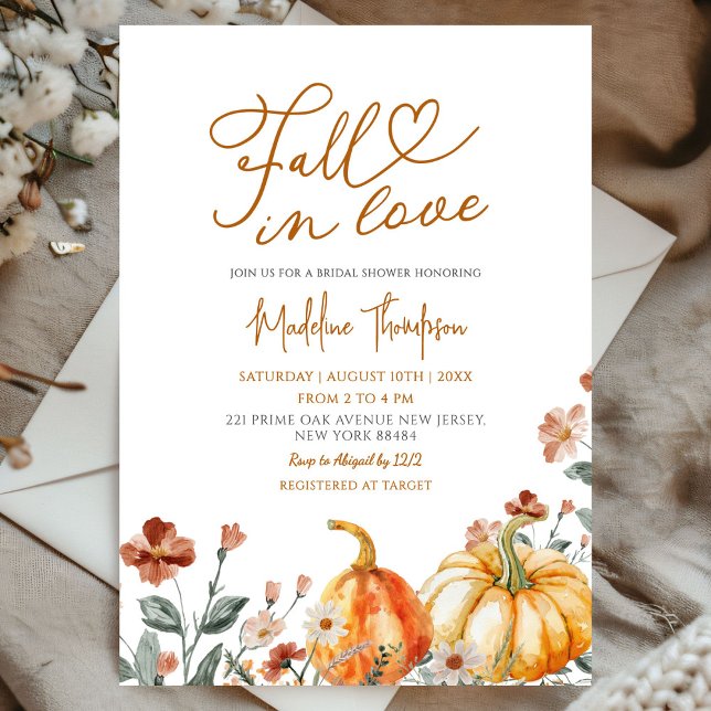 Fall in Love Pumpkin Wildflower Bridal Shower Invitation (Creator Uploaded)