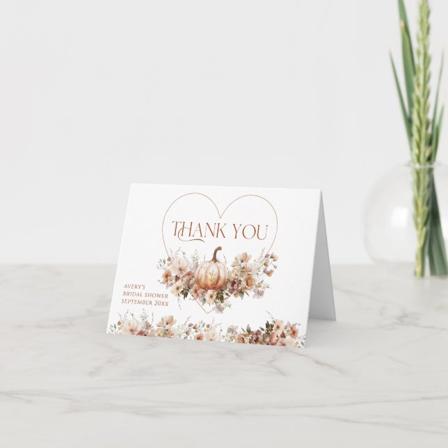 Fall in love Pumpkin Wildflower Bridal Shower Thank You Card (Front)