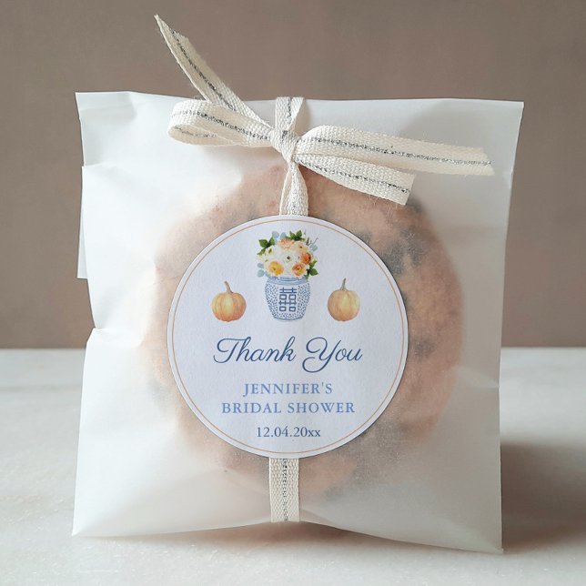 Fall In Love Pumpkins Autumn Bridal Shower Favour Classic Round Sticker (Chinoiserie Chic Fall Baby or Bridal Shower Favor Stickers with watercolor orange pumpkins)