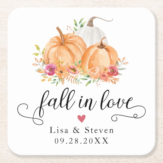 Fall In Love Pumpkins Wedding Square Paper Coaster (Front)