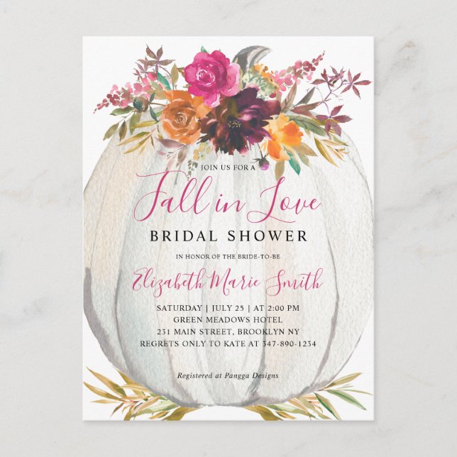 Fall in Love Purple Floral Pumpkin Bridal Shower Postcard (Front)