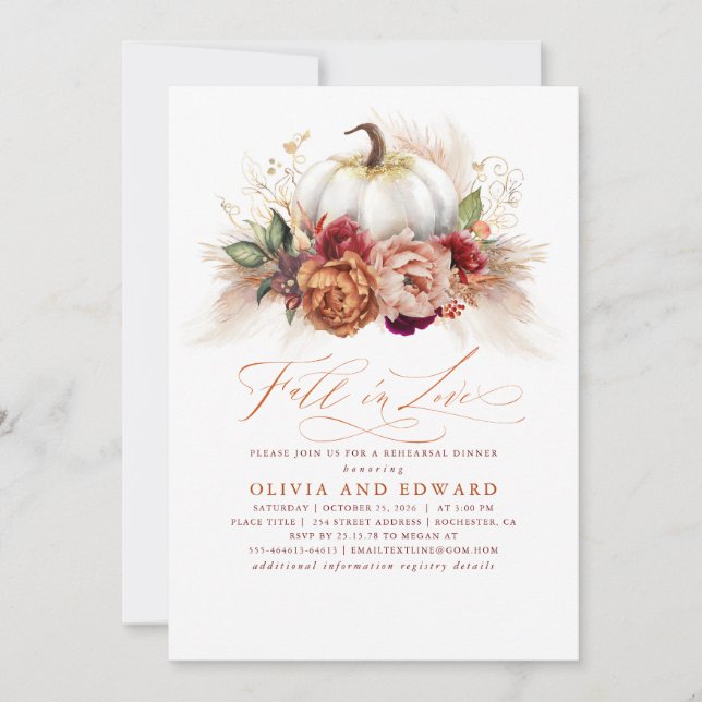 Fall in Love Rehearsal Dinner Rust Flowers Pumpkin Invitation (Front)