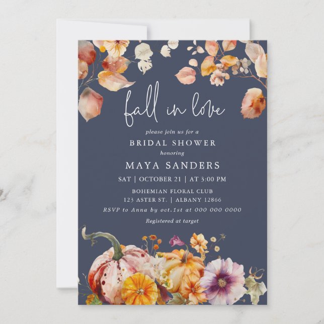 Fall in Love Romantic Pumpkins Bridal Shower Invitation (Front)