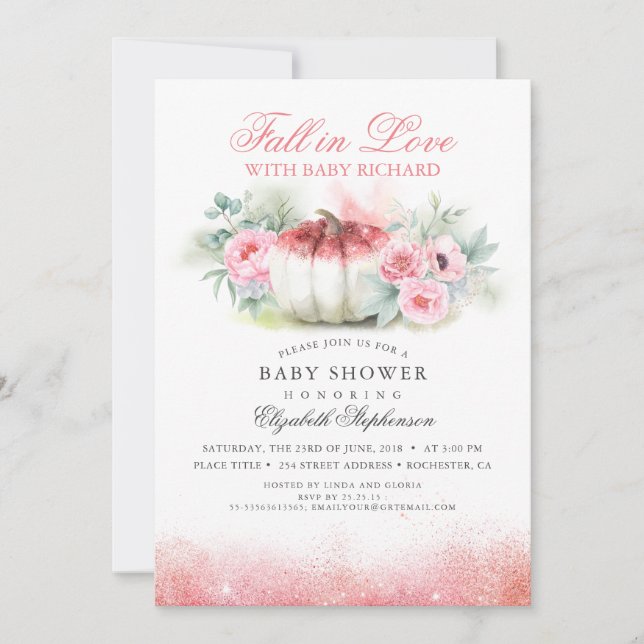 Fall in Love Rose Gold Glitter Pumpkin Baby Shower Invitation (Front)