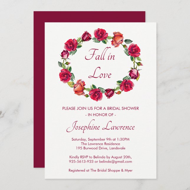 Fall In Love Rose Wreath Floral Bridal Shower Invitation (Front/Back)