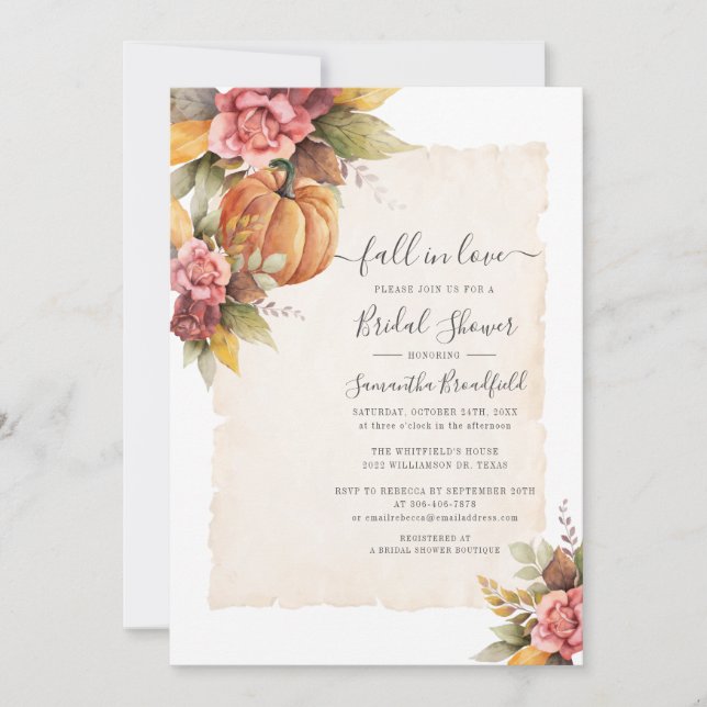 Fall in Love Rust Flowers Pumpkin Bridal Shower Invitation (Front)