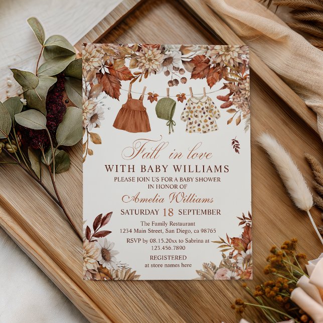 Fall in Love Rustic Autumn Baby Clothesline Invitation (Creator Uploaded)