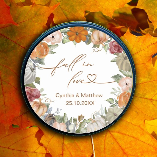 Fall in Love Rustic Autumn Floral and Pumpkin Classic Round Sticker (#zazzlemade #fallinlove #wedding)