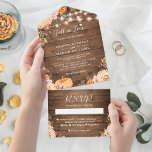 Fall in Love Rustic Autumn Floral Pumpkin Wedding All In One Invitation<br><div class="desc">Fall in love with this Rustic Autumn Floral Pumpkin All In One Invitation. This design features a charming pumpkin illustration with delicate autumnal florals and rustic wood textures. The invitation includes space for all of the essential wedding details and comes with a detachable RSVP card for your guests to easily...</div>