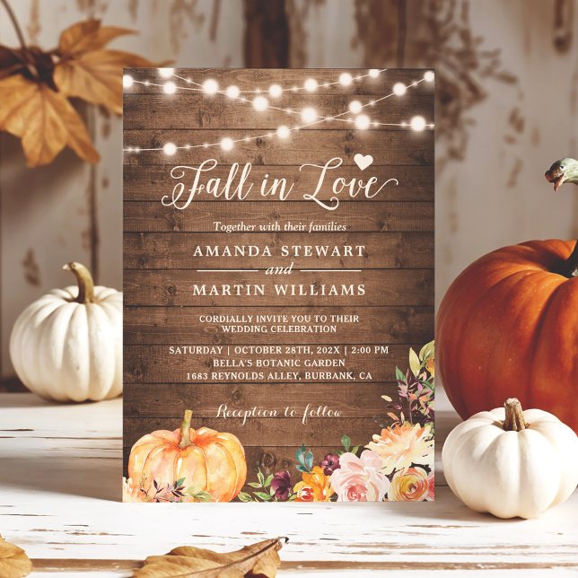 Fall in Love Rustic Autumn Floral Pumpkin Wedding Invitation (Creator Uploaded)