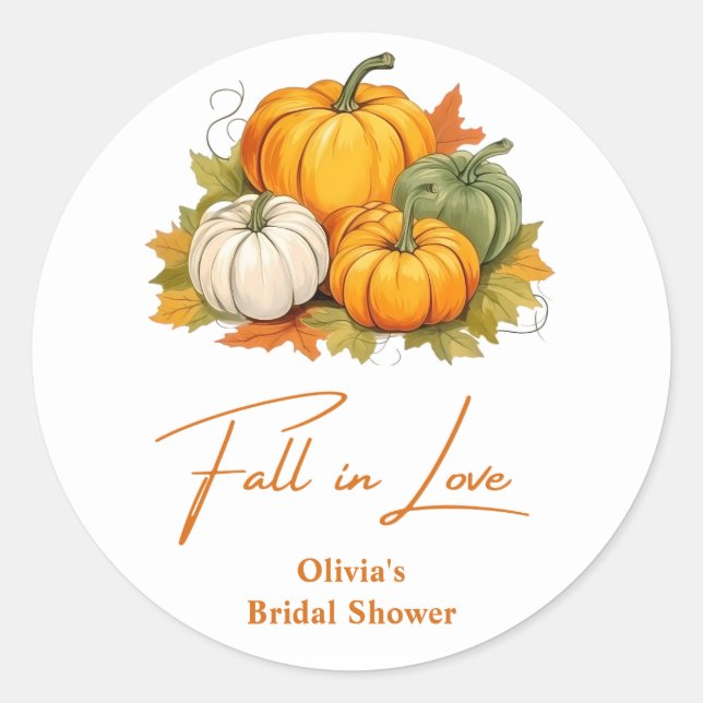 Fall in Love Rustic Autumn Pumpkin Bridal Shower  Classic Round Sticker (Front)