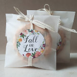 Fall in Love Rustic Burgundy Blush Floral Wedding Classic Round Sticker<br><div class="desc">Wedding favour sticker features "Fall in Love" script text framed by a wreath of beautiful roses,  dahlias,  peony flowers,  and greenery,  in a gorgeous autumn palette of burgundy red,  golden yellow,  peach orange,  blush pink,  and shades of green.</div>