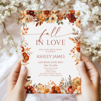 Fall In Love Rustic Burgundy Floral Bridal Shower Invitation