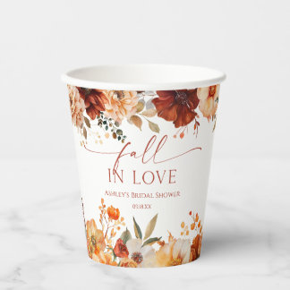 Fall In Love Rustic Burgundy Floral Bridal Shower Paper Cups