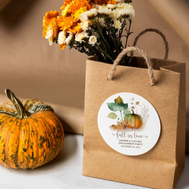 Fall In Love Rustic Elegant Pumpkin Classic Round Sticker (Chic elegance with nature's chill vibes.)