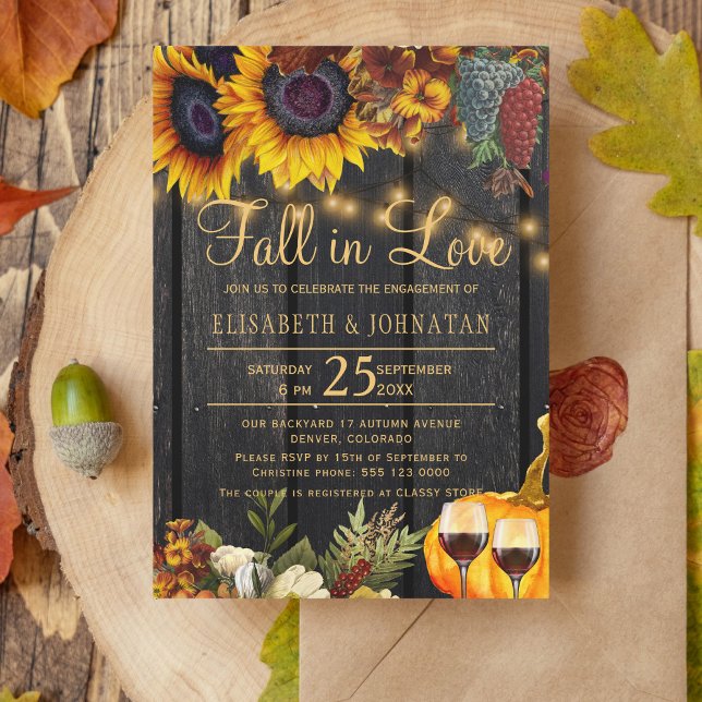 Fall in Love rustic floral wood engagement party Invitation (Creator Uploaded)