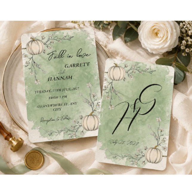 Fall in love Rustic Green Autumn Pumpkin Wedding Invitation (Creator Uploaded)