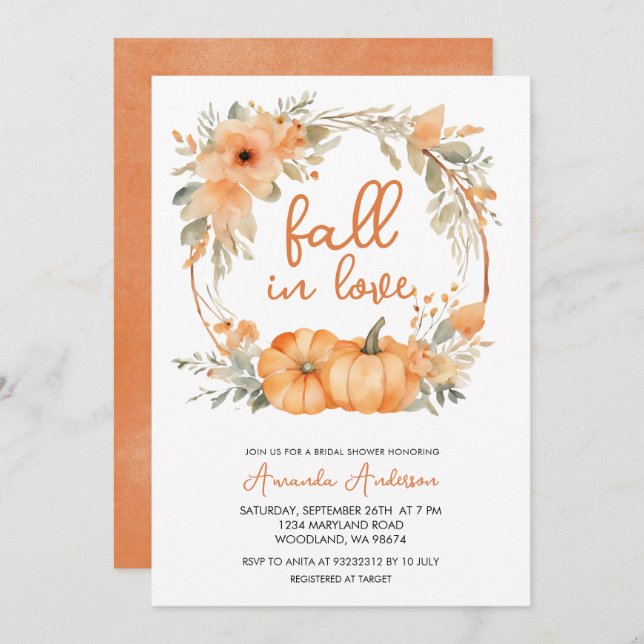 Fall in Love Rustic Orange Pumpkin Bridal Shower Invitation (Front/Back)
