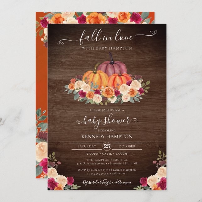 Fall in Love - Rustic Pumpkin Autumn Baby Shower Invitation (Front/Back)